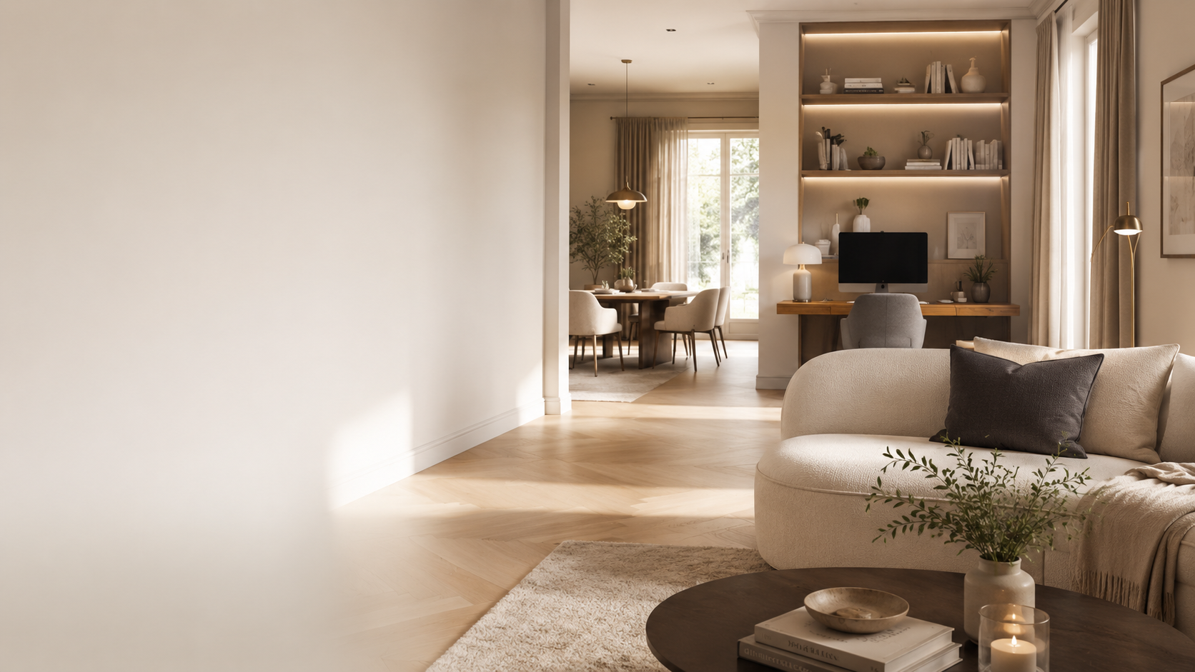 Modernes Zuhause mit ruhig integrierter Technik und Arbeitsplatz