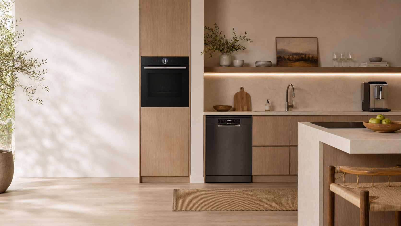 Helle moderne Küche mit integriertem Bosch Backofen, Geschirrspüler, Induktionskochfeld und Kaffeevollautomat