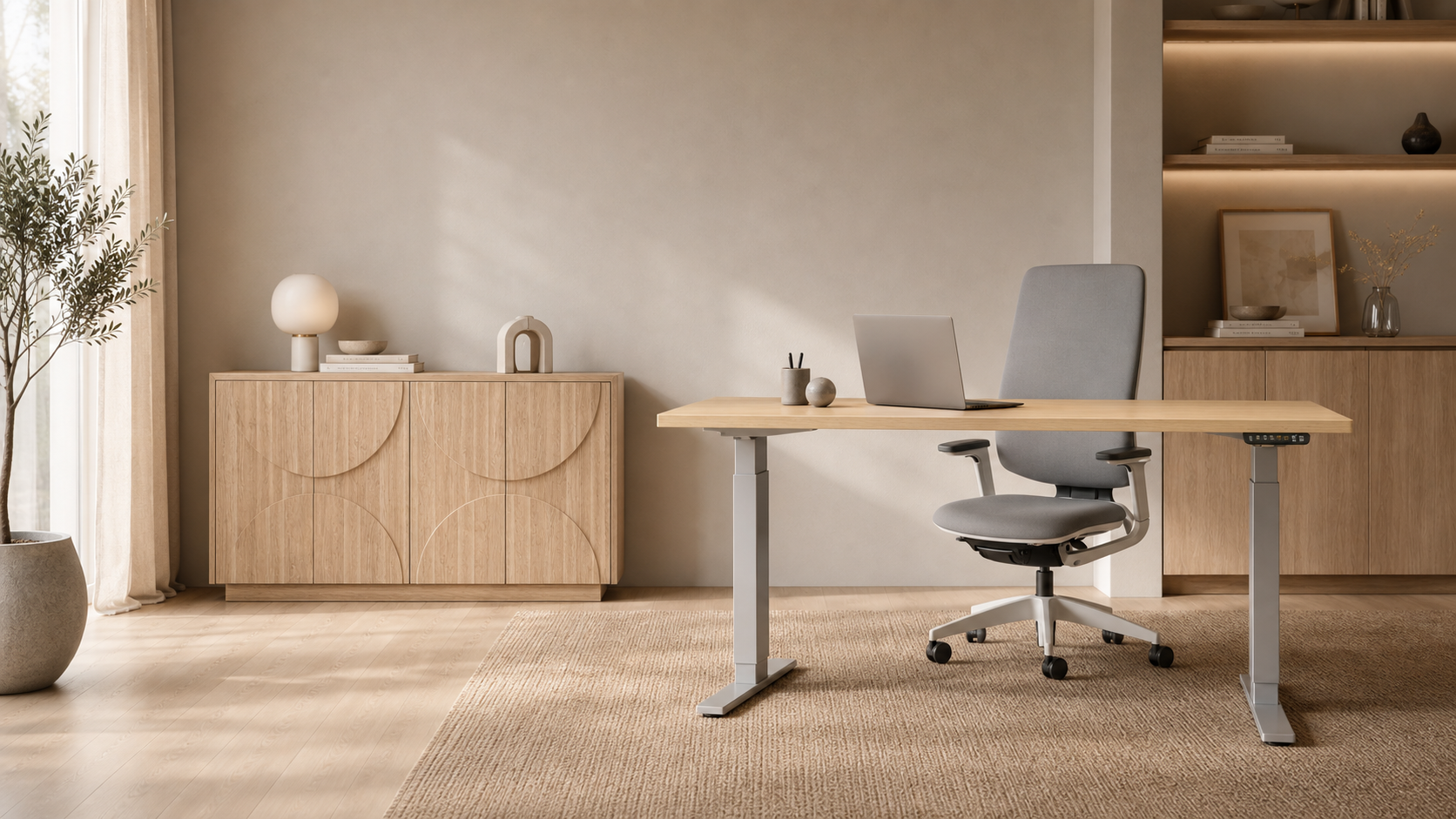 Helles Homeoffice mit höhenverstellbarem Schreibtisch, grauem Bürostuhl und skandinavischem Sideboard