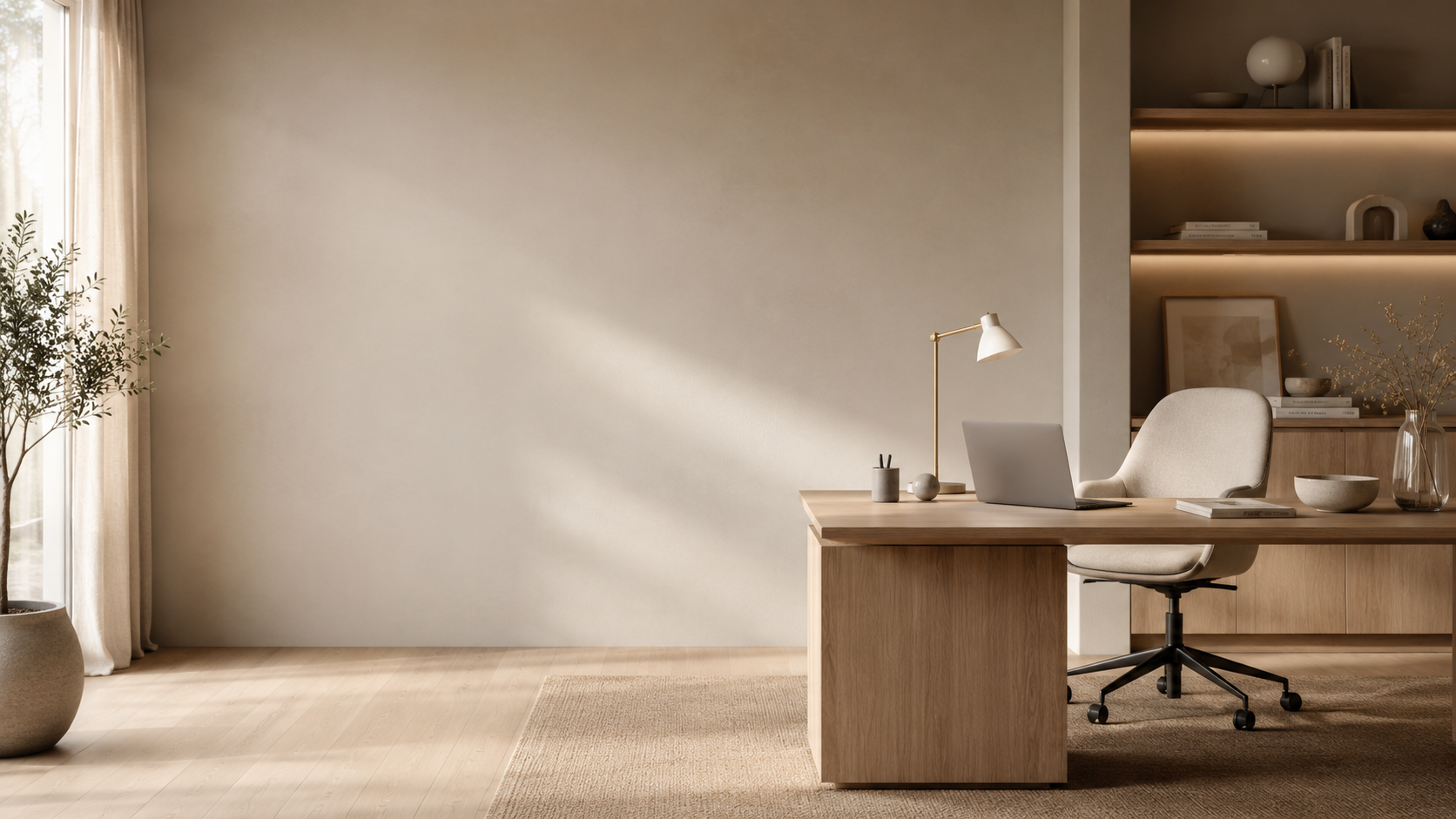 Ruhiges Homeoffice mit natürlichem Licht und sorgfältig ausgewählten Möbeln