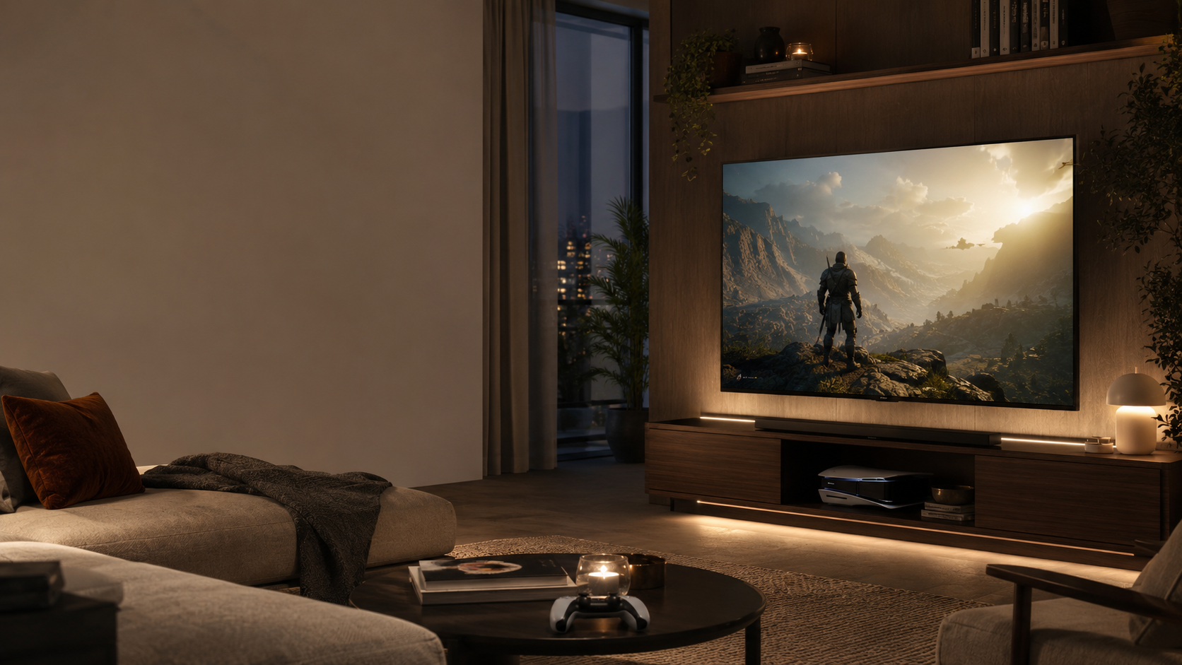 Warmes Wohnzimmer mit ruhiger Atmosphäre und sorgfältig ausgewählten Wohnobjekten