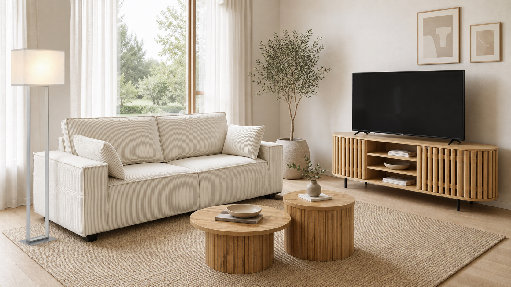 Helles skandinavisches Wohnzimmer mit cremefarbenem Cord-Sofa, Fernseher auf Naturholz-Lowboard, runden Couchtischen und Stehleuchte